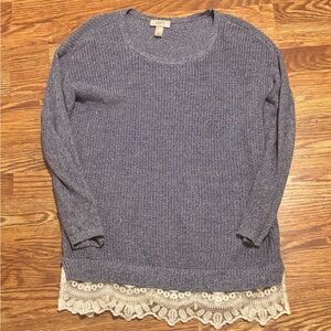 LOFT purple Knit tunic Sweater with lace trim medium